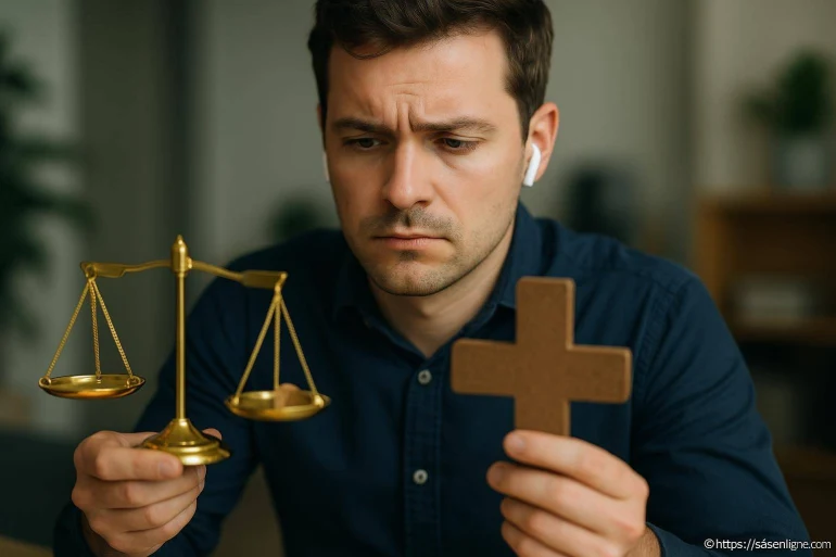 Homme réfléchissant entre justice et religion