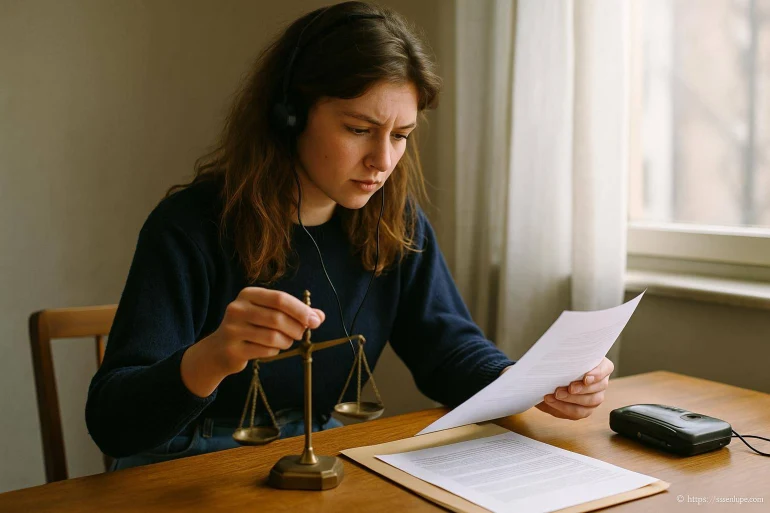Femme étudiant droit avec balance et documents