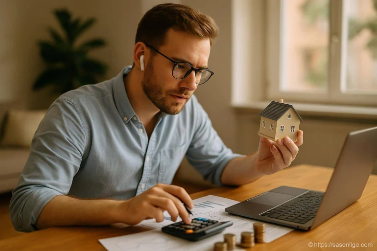 Homme calculant finances avec maison miniature