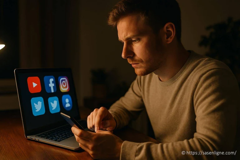 Homme utilisant smartphone et ordinateur social media