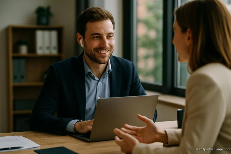 Entretien professionnel homme souriant en bureau