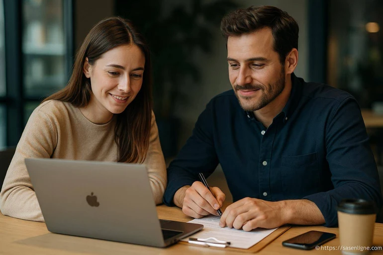 Deux personnes travaillant ensemble sur ordinateur