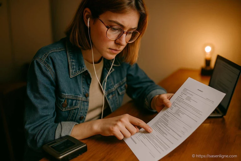 Jeune femme lisant un document attentivement