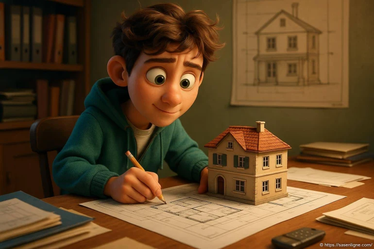Jeune garçon dessinant plan maison miniature