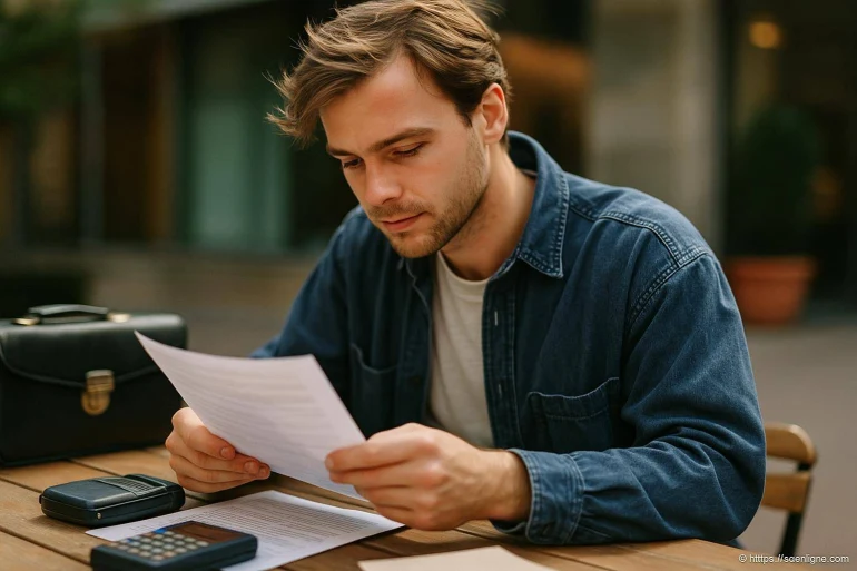 Jeune homme étudiant des documents assis à table