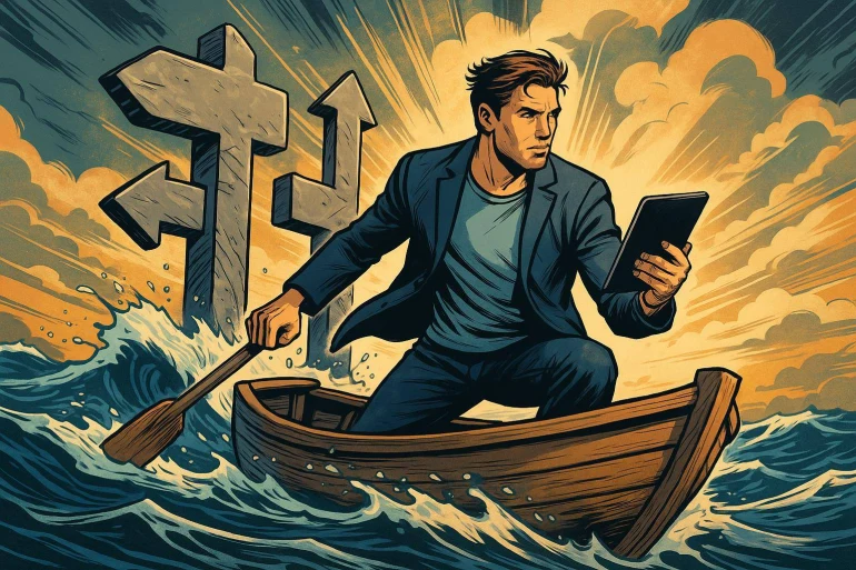 Homme en bateau face à des flèches directionnelles