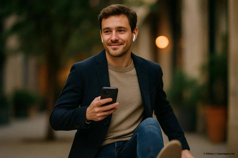 Jeune homme souriant avec smartphone et écouteurs