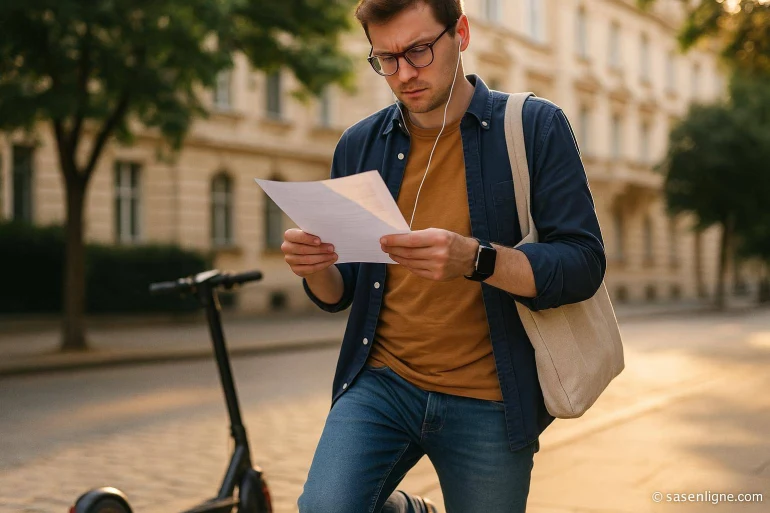 Jeune homme lisant un document en ville