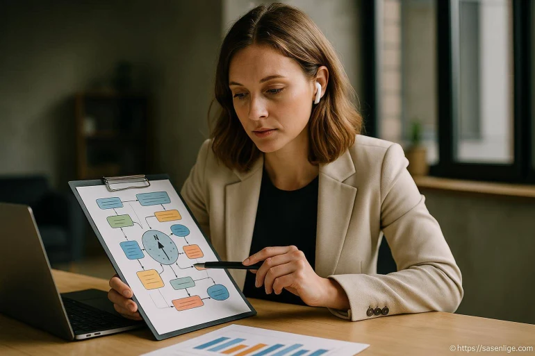 Femme présentant un organigramme coloré