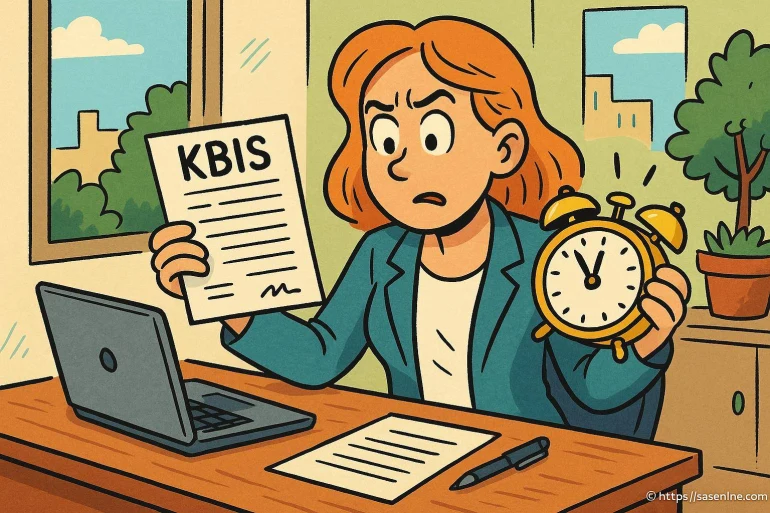 Femme stressée tenant un document KBIS et une horloge
