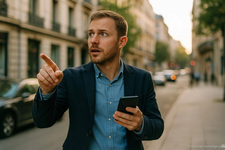Homme surpris pointant avec smartphone en ville