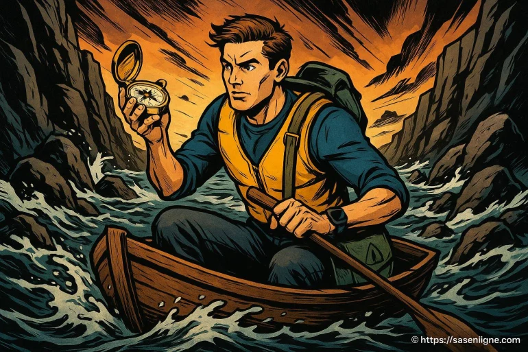 Homme en canoë avec boussole en rivière