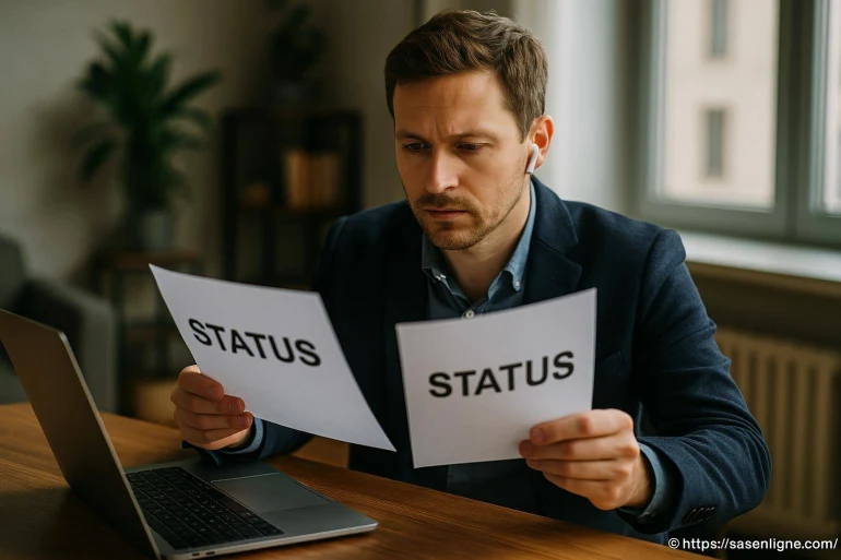 Homme comparant deux documents statut