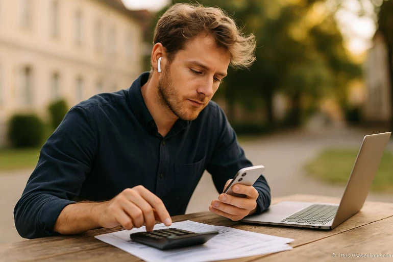 Homme utilisant calculatrice smartphone et ordinateur