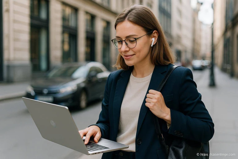 Femme professionnelle utilisant un ordinateur portable en ville
