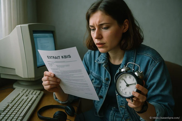 Femme lisant extrait KBIS et tenant réveil