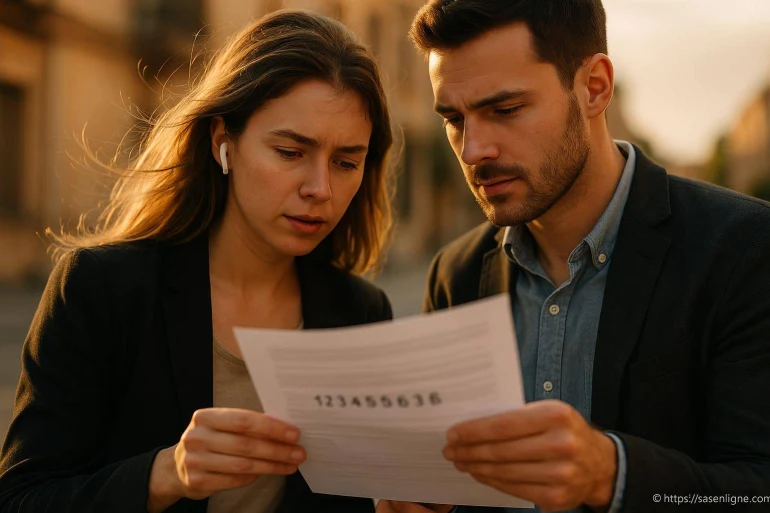 Couple concentré lisant un document important