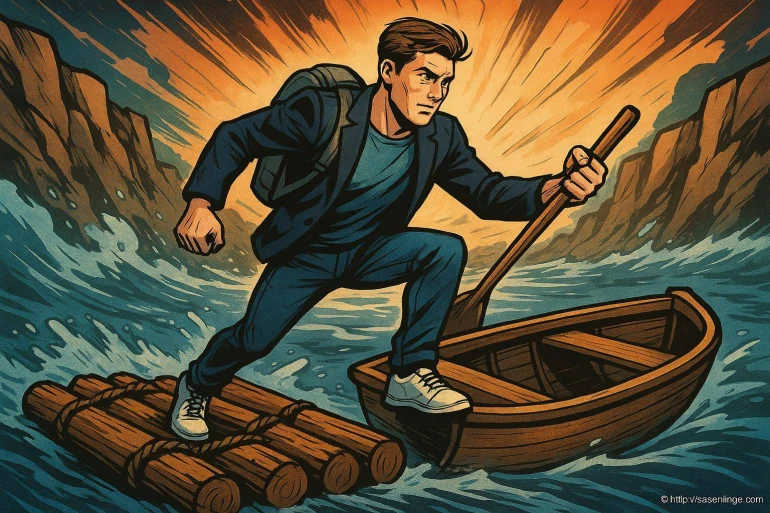 Homme en tenue moderne sur radeau en bois
