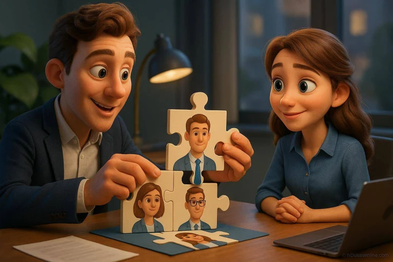 Couple assemblant puzzle portraits animés