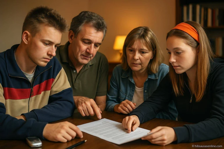 Famille examinant attentivement un document