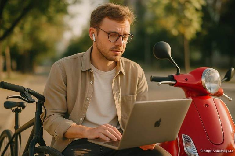 Homme travaillant sur ordinateur en plein air