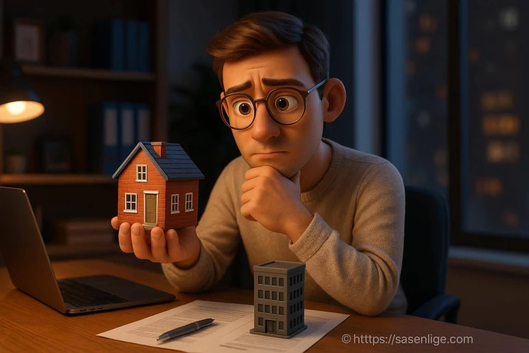 Homme pensif avec maison miniature