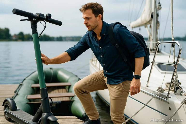 Homme avec trottinette sur ponton bateau