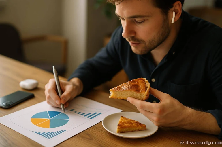 Homme analysant graphique en mangeant tarte