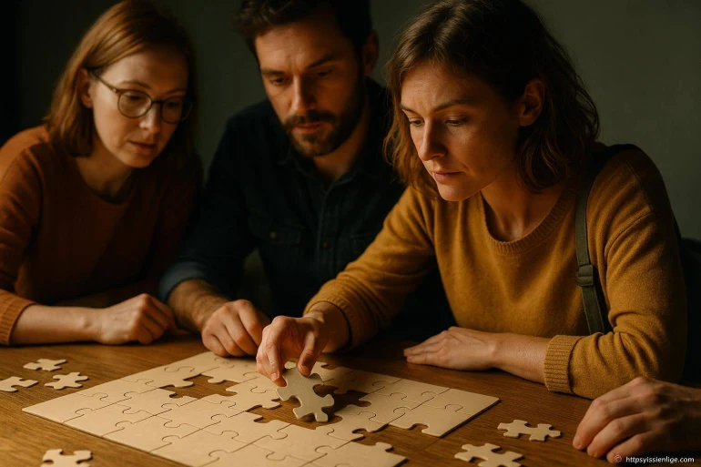 Trois adultes assemblant un puzzle en bois