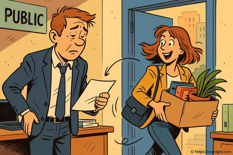 Femme quittant bureau avec carton d'affaires