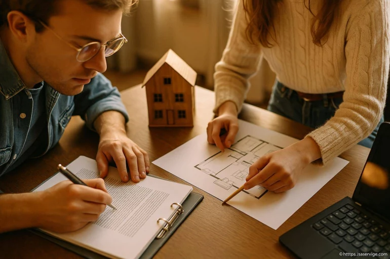 Couple étudiant plan maison et contrat immobilier