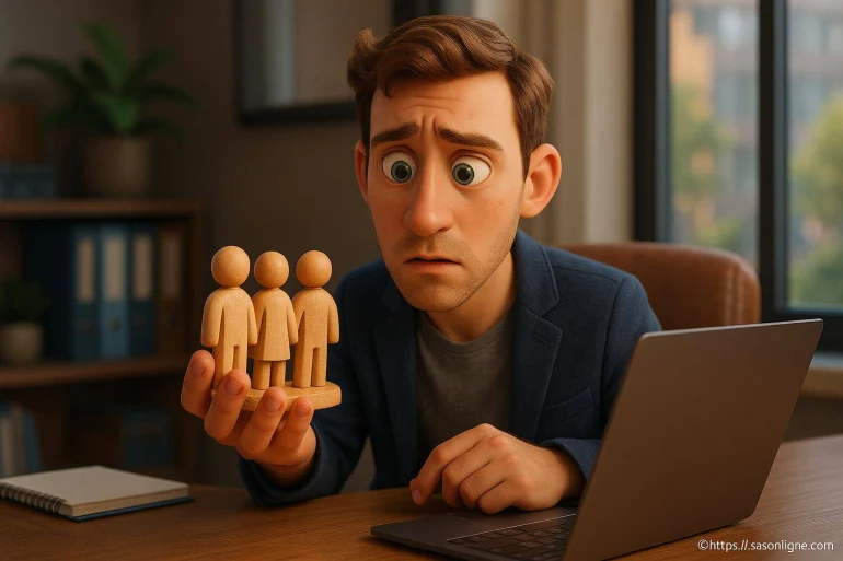 Homme inquiet tenant figurines en bois