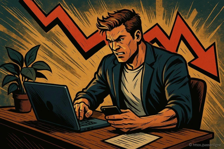 Homme stressé devant ordinateur et smartphone