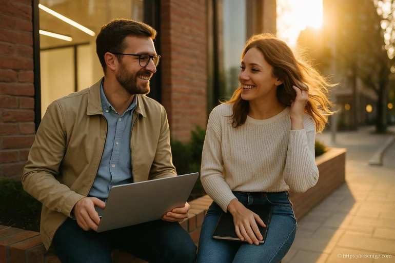 Deux jeunes souriants discutent en extérieur