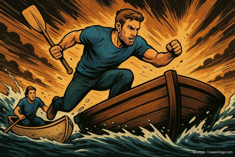 Homme sautant dun bateau en colère