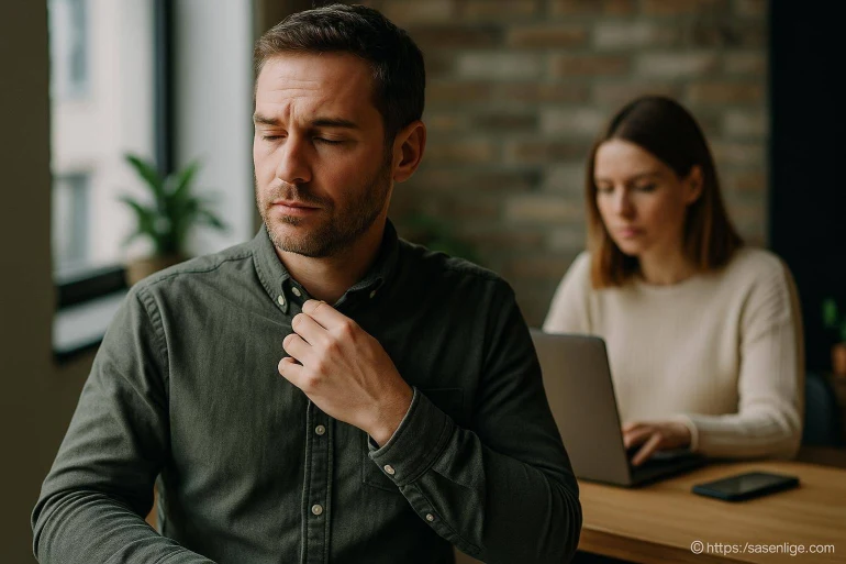 Homme stressé ajustant son col de chemise