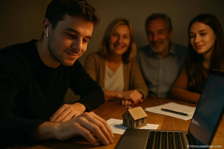 Jeune homme et famille discutant projet immobilier