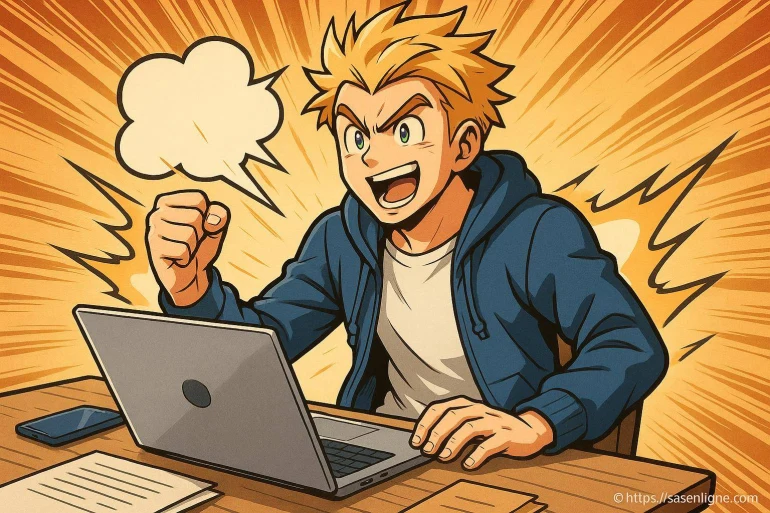 Jeune homme enthousiaste devant ordinateur