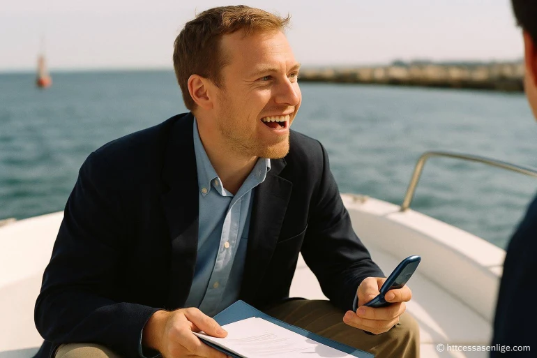 Homme souriant en réunion sur un bateau