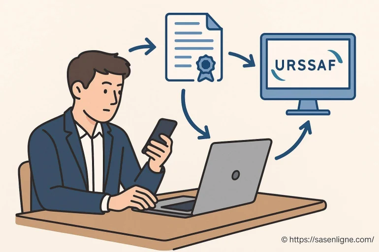 Homme utilisant ordinateur et smartphone pour démarches URSSAF